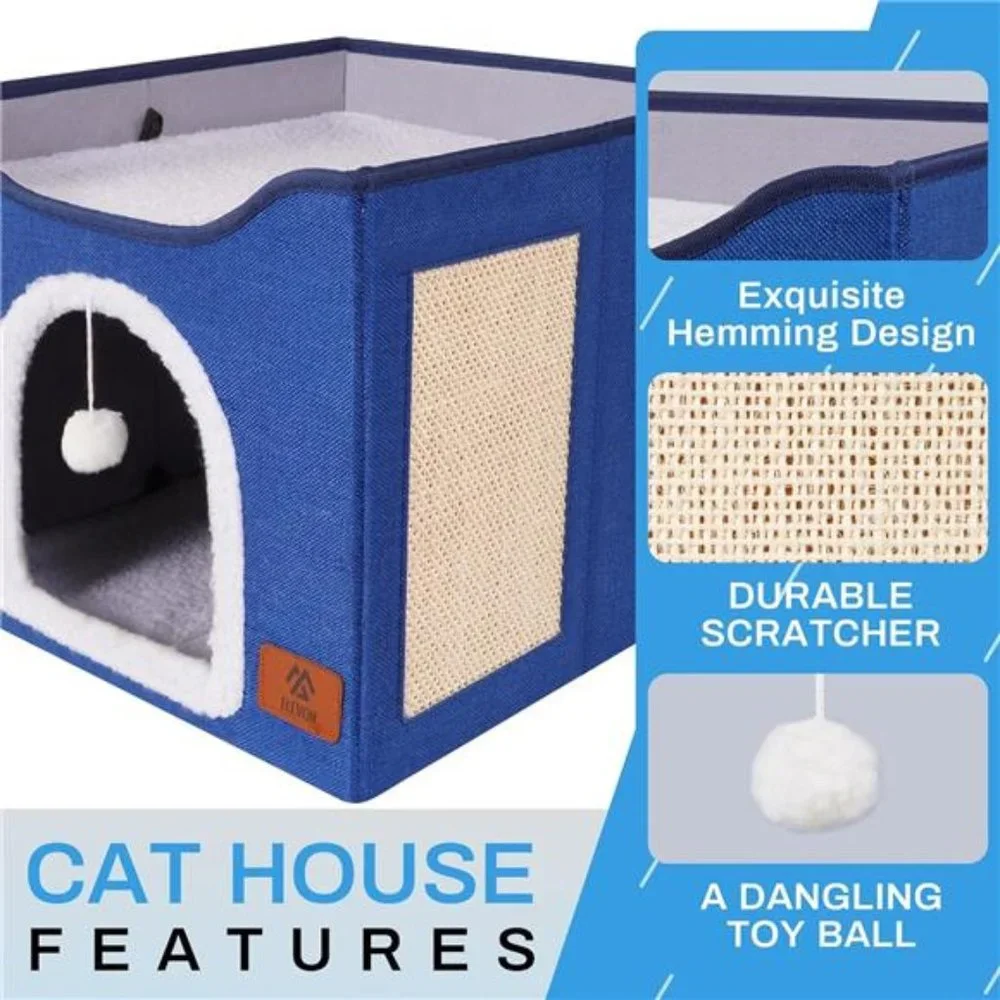 Elevon Cat Beds, Cat House Cat Cave Beds with Scratch Pad, Foldable (Blue)